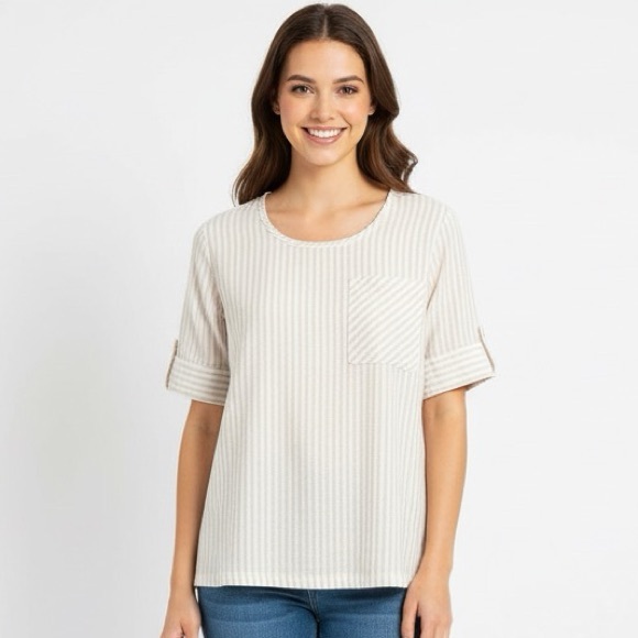 Symple NYC Linen Striped Cream Women's Top - Picture 1 of 6